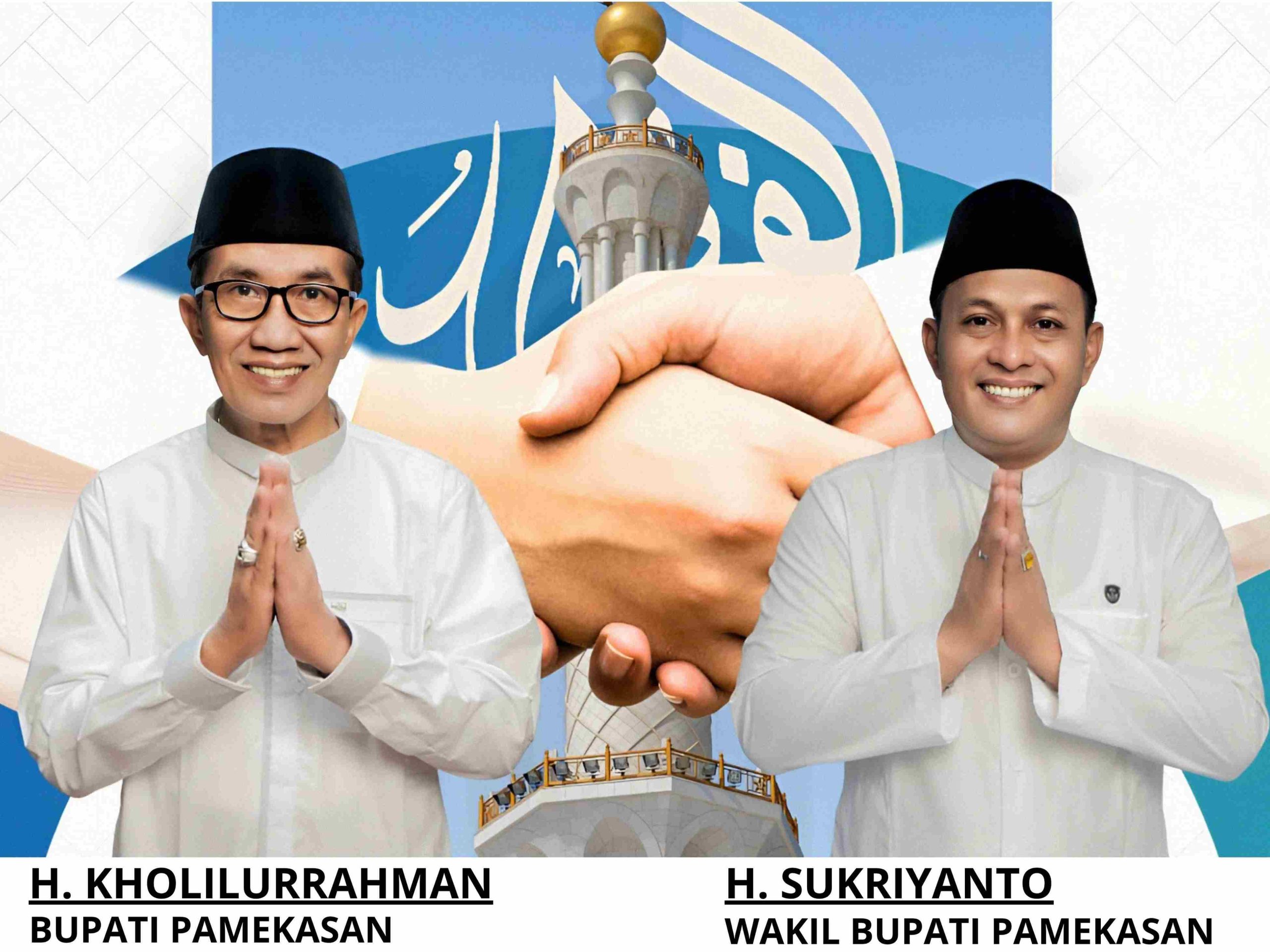 Bupati Pamekasan H. Kholilurrahman dan Wakil Bupati H. Sukriyanto menyampaikan ucapan Idul Fitri 1447 H dengan latar simbol masjid dan jabat tangan