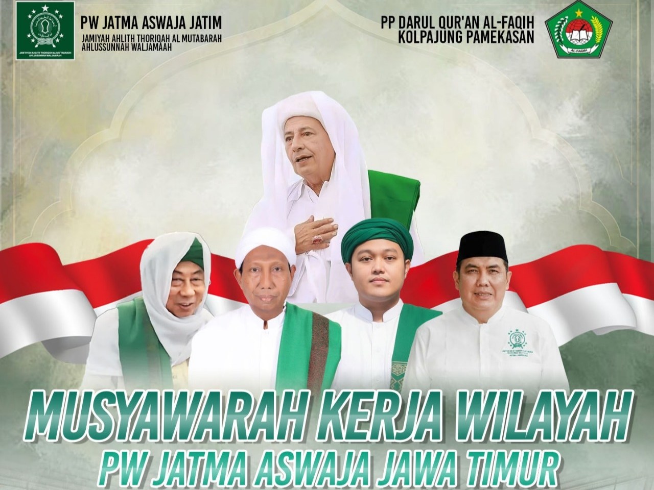 Poster MUSKERWIL PW JATMA ASWAJA Jawa Timur di Pamekasan menampilkan Habib Luthfi bersama tokoh ulama berlatar bendera Merah Putih.