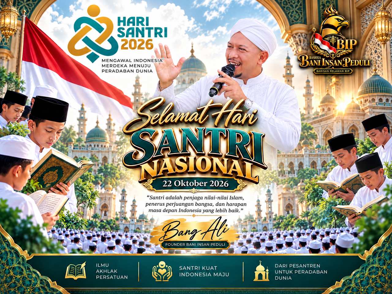 Flyer Hari Santri Nasional 2026 dengan tokoh utama memakai syurban dan baju putih di tengah santri serta latar masjid.