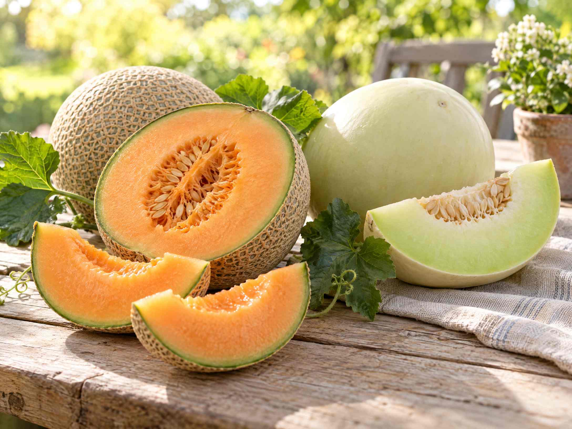 Buah melon hijau dan jingga yang telah dipotong dan disajikan di atas meja kayu.