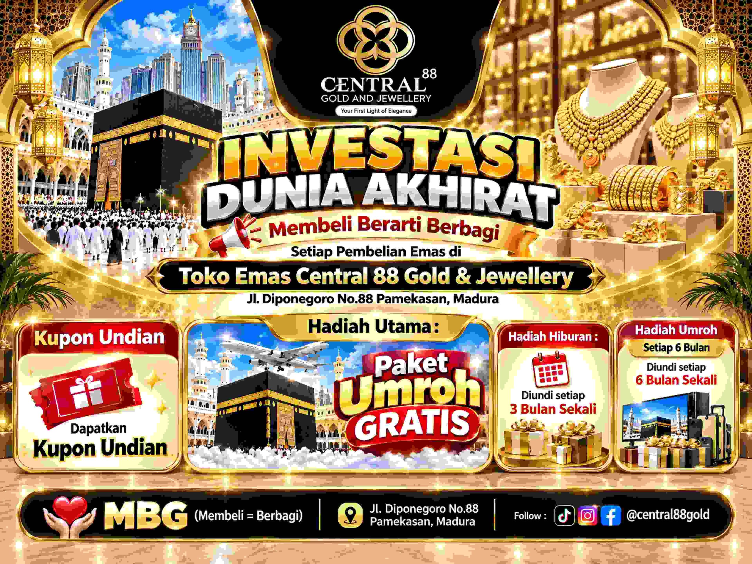 Flyer Central 88 Gold and Jewellery tentang program membeli emas sambil berbagi dengan hadiah Umrah gratis.