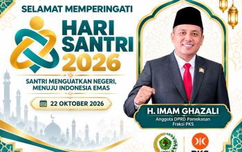 Flyer Hari Santri Nasional 2026 menampilkan H. Imam Ghazali dengan tema Santri Menguatkan Negeri Menuju Indonesia Emas.