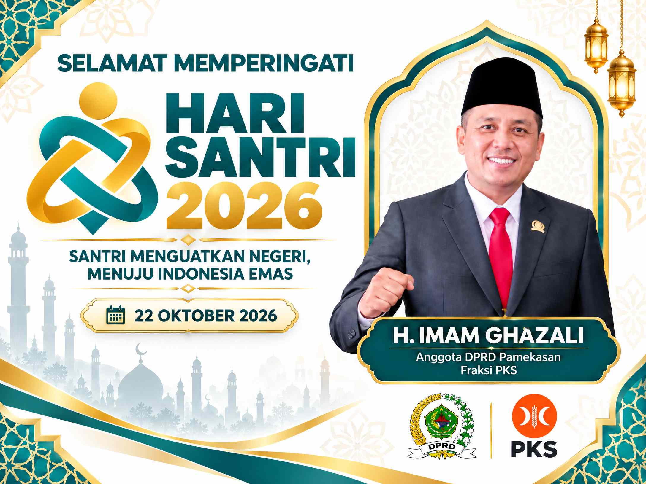 Flyer Hari Santri Nasional 2026 menampilkan H. Imam Ghazali dengan tema Santri Menguatkan Negeri Menuju Indonesia Emas.