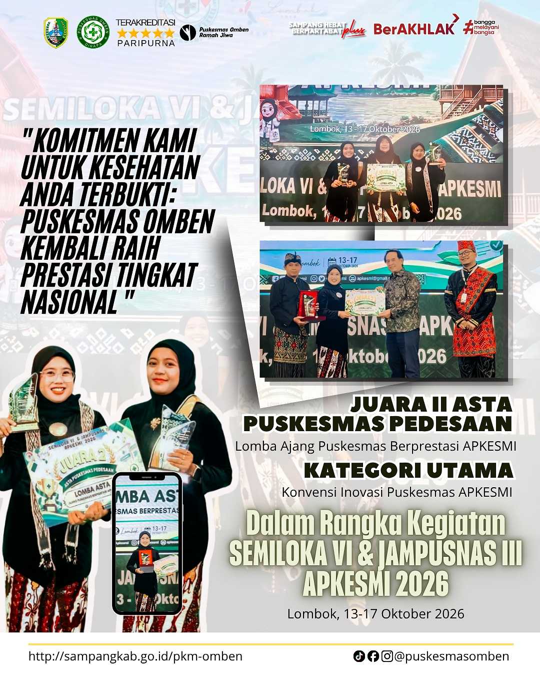 Puskesmas Omben meraih Juara II Asta Puskesmas Pedesaan kategori utama dalam APKESMI 2026.