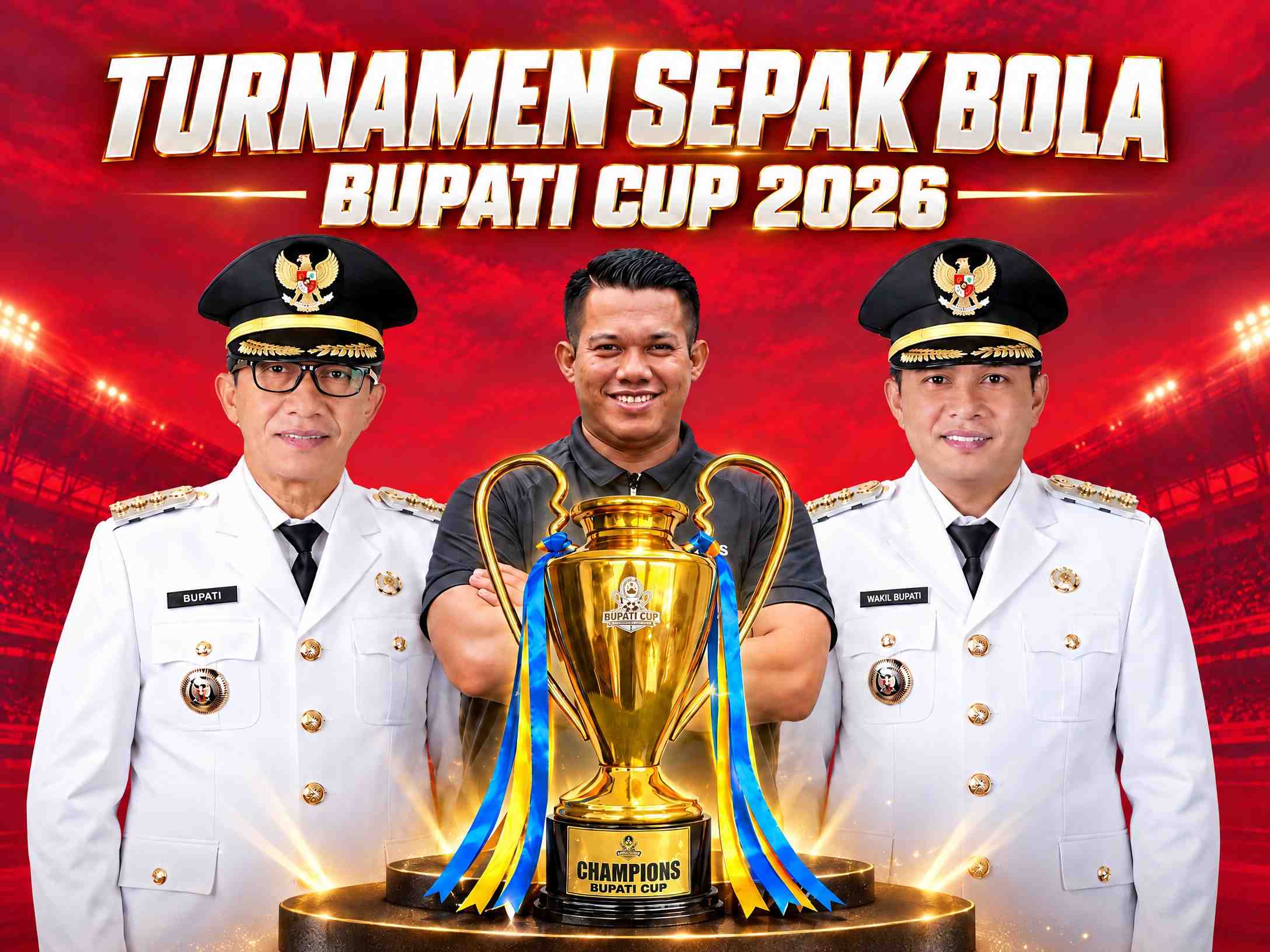 Poster Turnamen Sepak Bola Bupati Cup 2026 menampilkan Bupati, Manager Persepam, Wakil Bupati, dan trofi emas di depan latar stadion bernuansa merah.